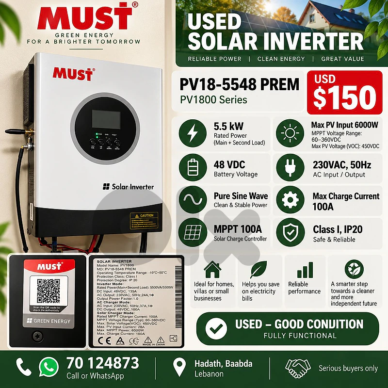 MUST PV18-5548 PREM 5.5kW Solar Inverter – 48V – MPPT 100A – $150 MUST PV18-5548 PREM 5.5kW Solar Inverter – 48V – MPPT 100A – $150