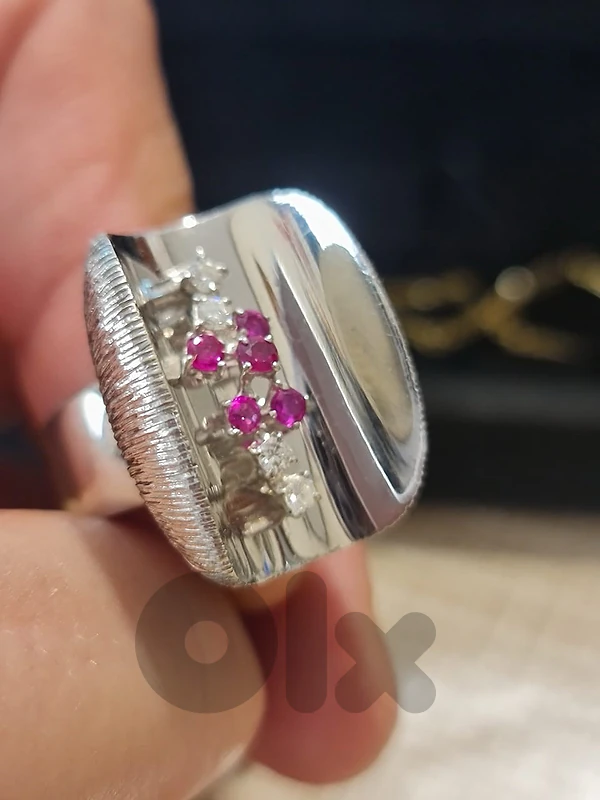 Wide statement cocktail ring, white gold, rubies + diamonds