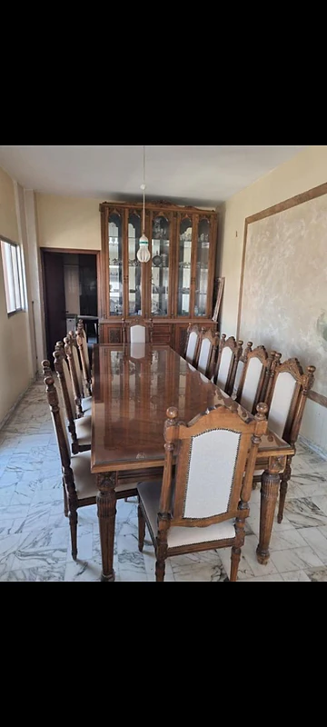 vintage dinning table chairs and display vitrine