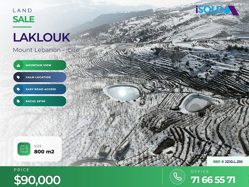 A 800 m2 land having an open mountain view for sale in Laklouk