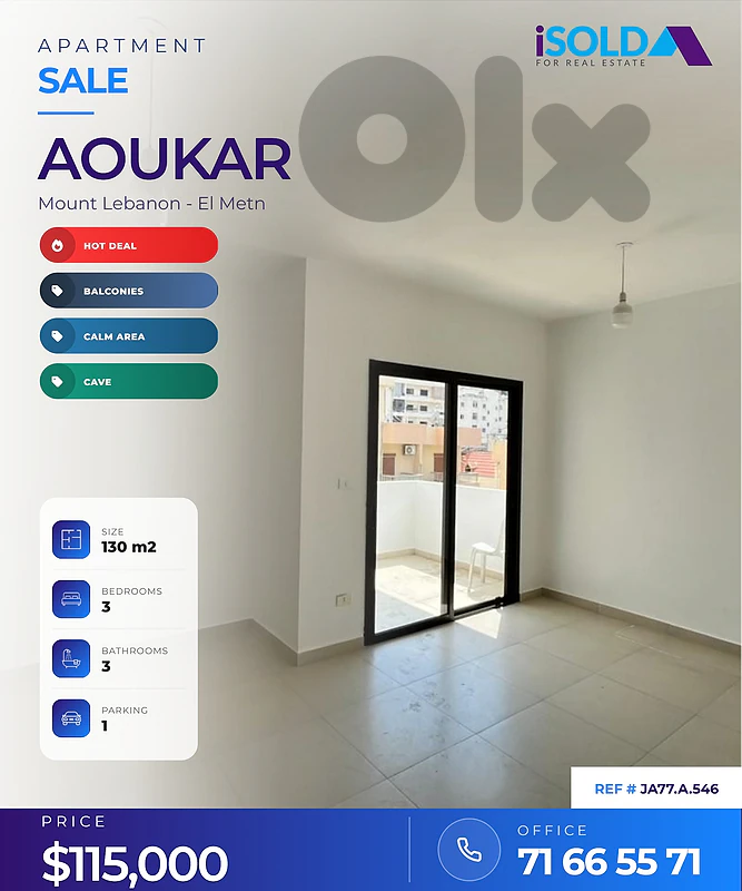 3 bedrooms apartment 4 sale Aoukar / Awkar +storage + parking
