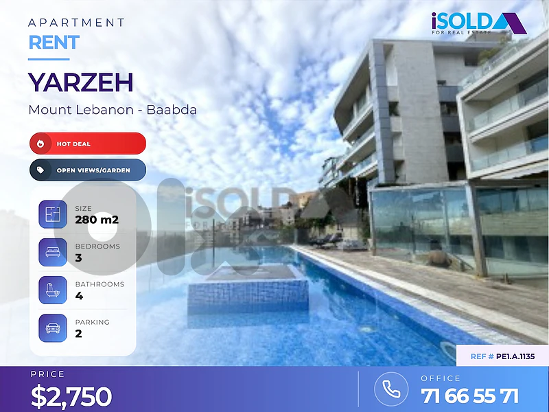 Hot deal- 280 m2 gf aprt+30 m2 garden&pool+ open views 4sale in Yarzeh