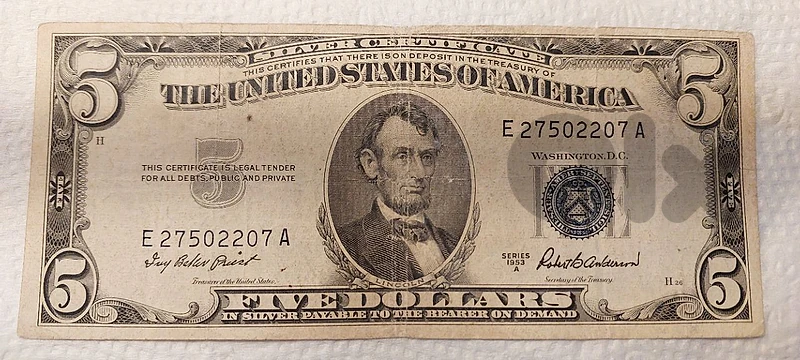 USA Five Dollars Silver Certificate Banknote year 1953