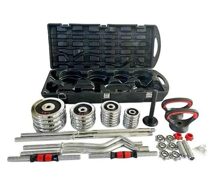 Adjustable Chrome Dumbbell, Barbell, and Kettlebell Combo 55kg