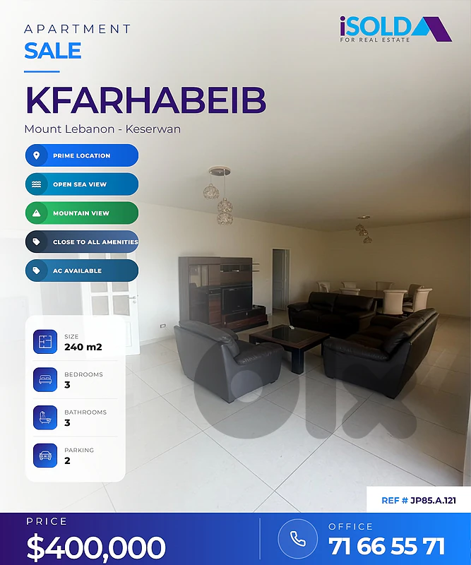 A 240 m2 apartment having an open mountain/sea view for sale in kfarha A 240 m2 apartment having an open mountain/sea view for sale in kfarha