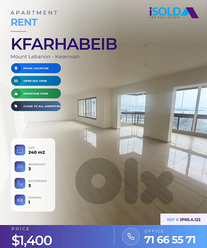Apartment for Rent | Stunning Sea & Mountain View 4 sale in Kfarehbab