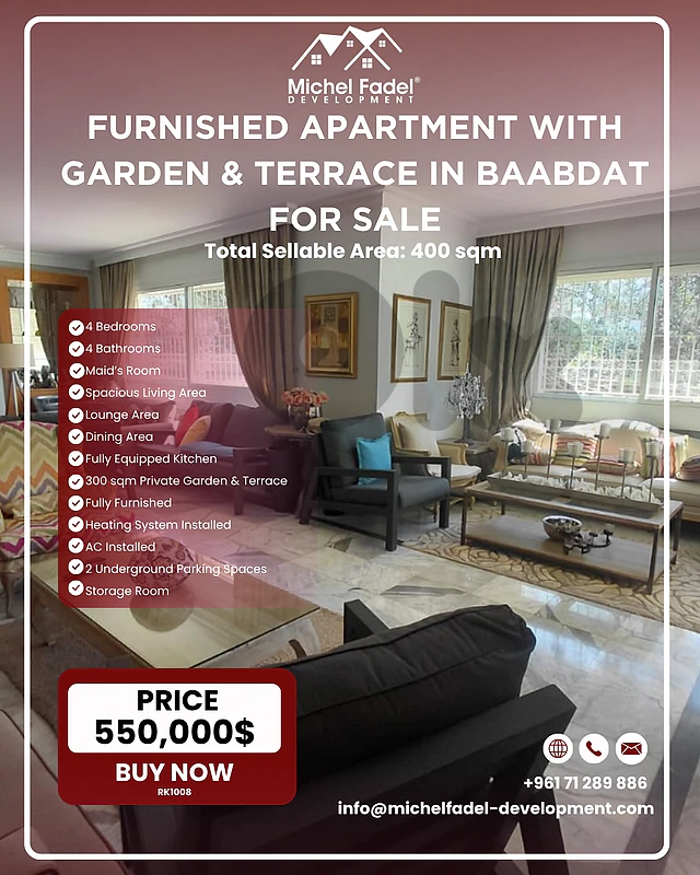 RK1008-Furnished Apartment Private Garden & Terrace in Baabdat