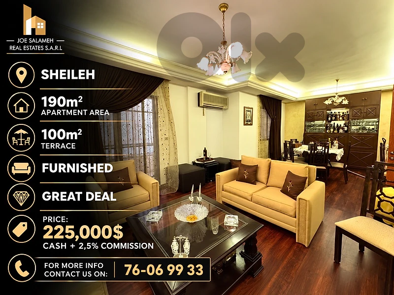 Apartment for sale in Sheileh 190m2+100m2 terrace furnished 225,000$