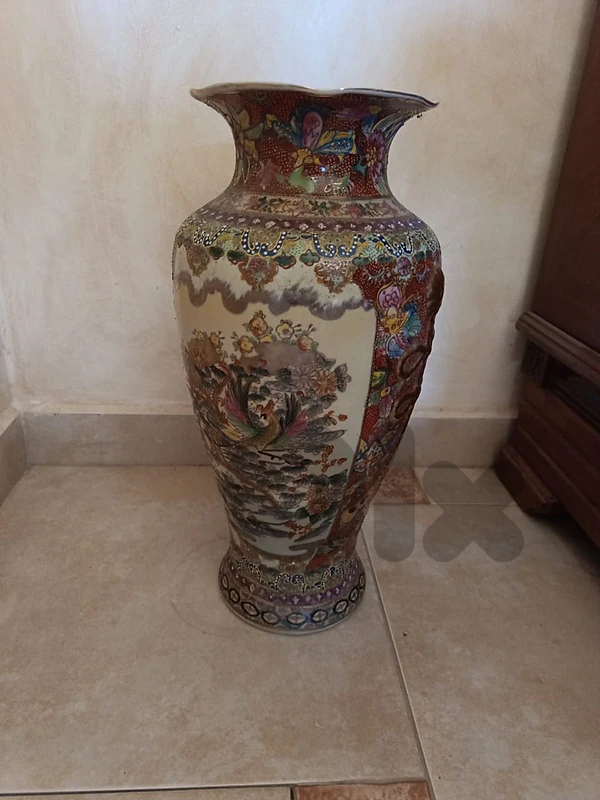 Vintage 24" Chinese Floor Vase - Satsuma Style with Gold Gilt & Birds