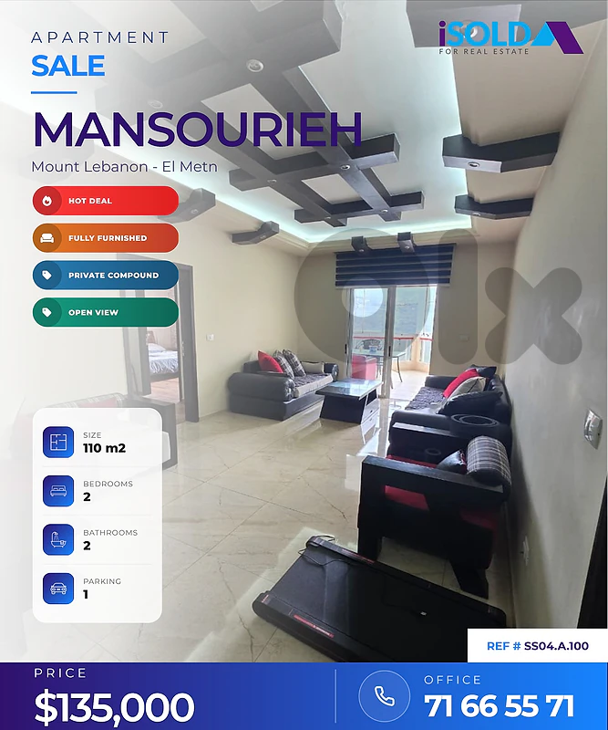Hot deal- A furnished 110 m2 apartment for sale in Mansourieh