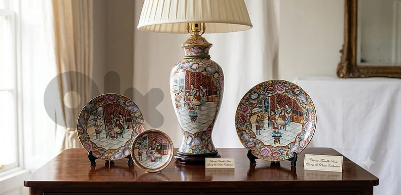 سيت بورسلان ياباني Royal Satsuma مرسوم يدوي 4 قطع + أباجورة - Vintage