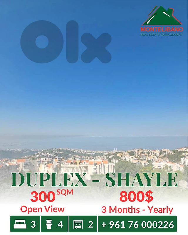 Fully Furnished 300 sqm Duplex For Rent in Shayle سهيلة with Open View