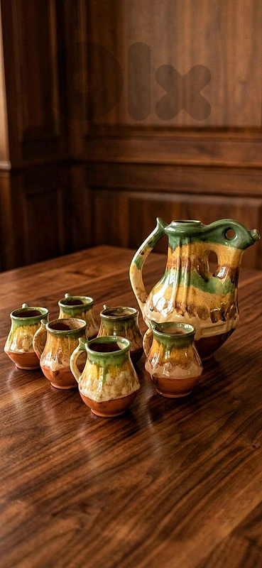 Vintage Drip Glaze Ceramic Pitcher and Cup Set