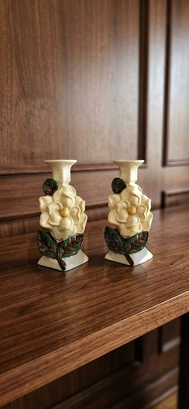 Pair of Vintage Ceramic Magnolia Candle Holders
