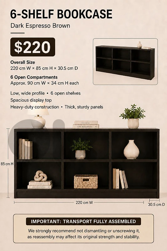 6 Shelf Bookcase -  Espresso Dark Brown
