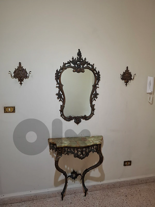 Vintage Rococo Brass Mirror & Green Onyx Console