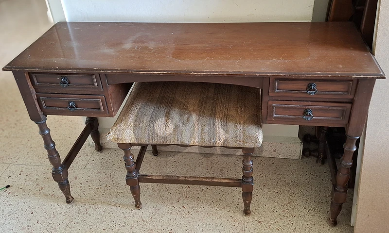 Vintage Wooden Vanity Desk with Matching Stool