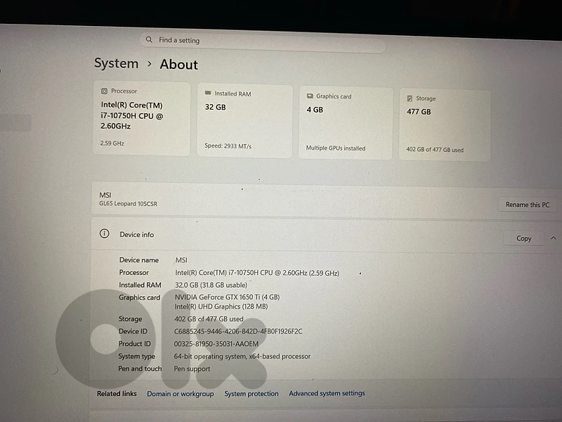 MSI GL65 Leopard Gaming Laptop – 32GB RAM used