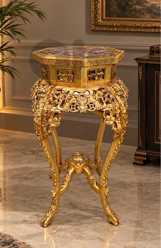 طاولة عامود خشب مذهب وجه رخام ملوكية ولا اروع