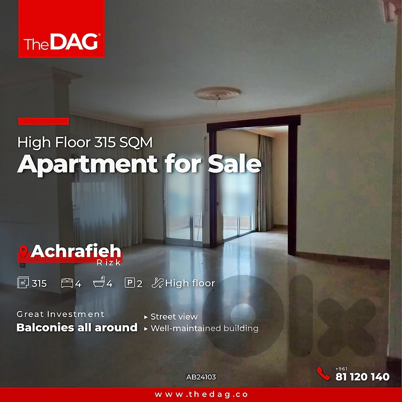 High Floor 315 SQM Apartment for Sale in Ashrafieh شقة للبيع
