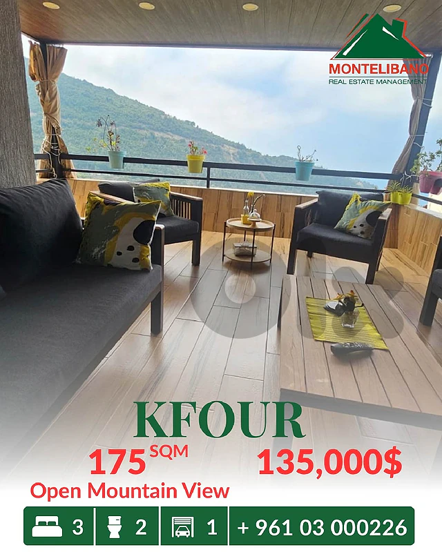 175 sqm Apartment For Sale in Kfour كفور  with Open Mountain View
