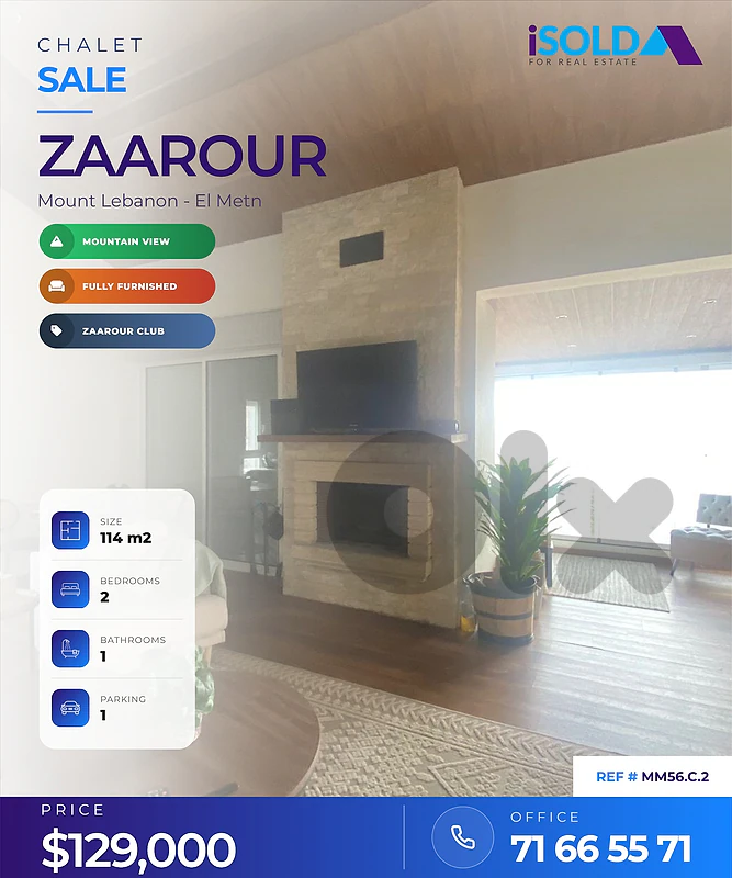 Zaarour Club ! Furnished 2 bedroom chalet+ view 4sale