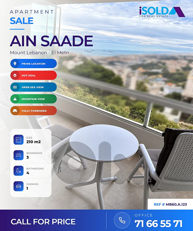 Apartment + sea & mountain view 4sale in Ain Saade - شقة في عين سعاده