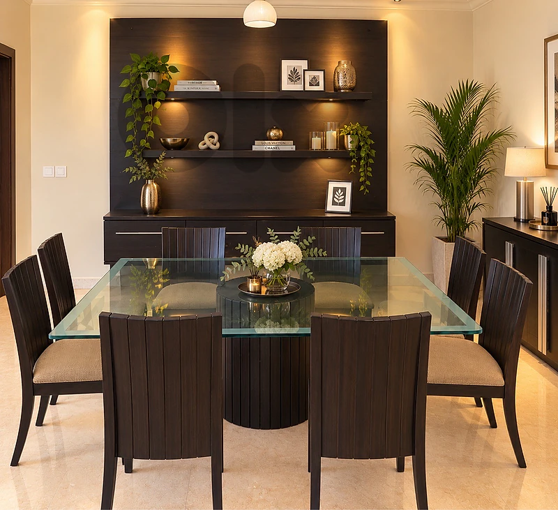 Complete Dining Room Set – Glass Table, 8 Chairs, Dressoir & Cabinet