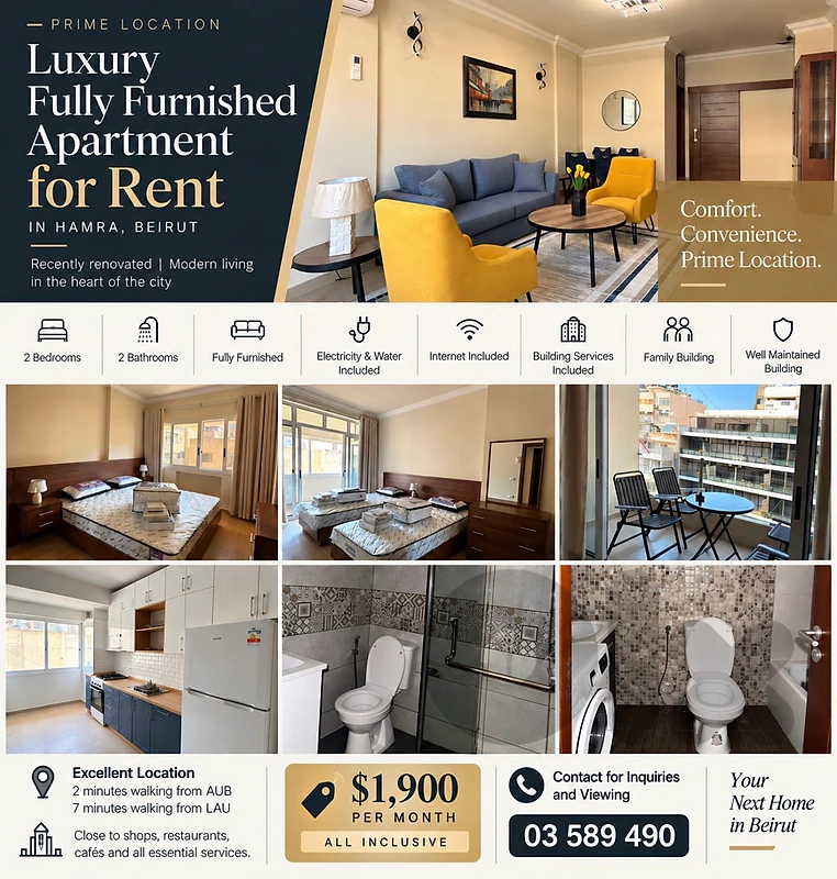 Luxury Fully Furnished Apartment for Rent in Hamra, Beirut