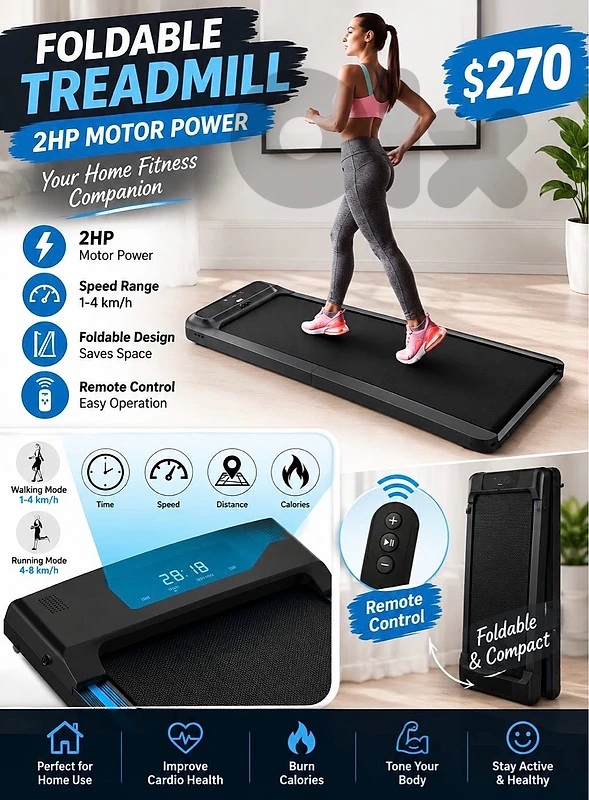 Foldable treadmill 2hp motor power with remote control