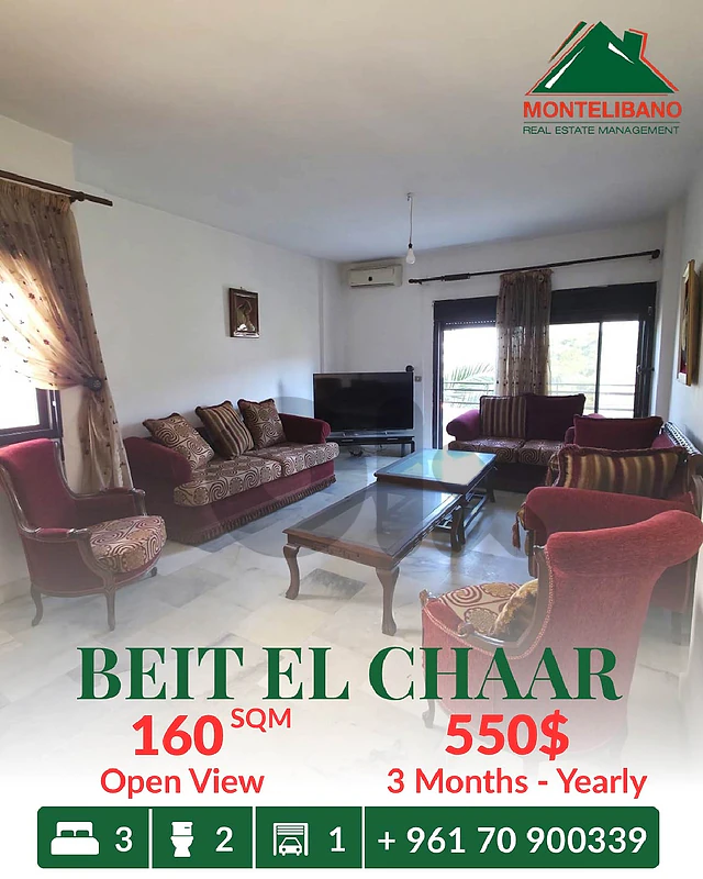 160 sqm Apartment For Rent in Beit El Chaar with Open View