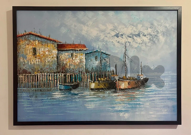Tableau Seaside Village / Fishing Boats – Framed Oil Painting