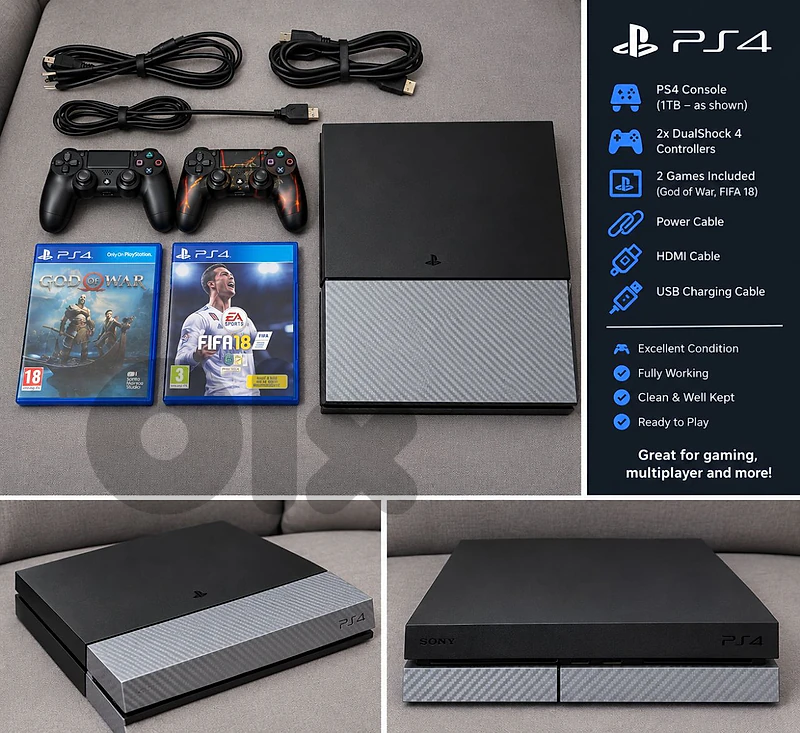 Ps4 1TB with 1 original controller and 1 Type A and 3 games