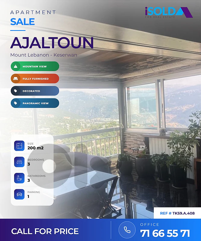 Apartment + Mountain view for sale in Ajaltoun - شقة للبيع في عجلتون