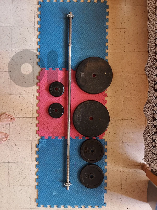 صحون اوزان مستعملين+أكس باربل/110$ used weight plates+standard barbell