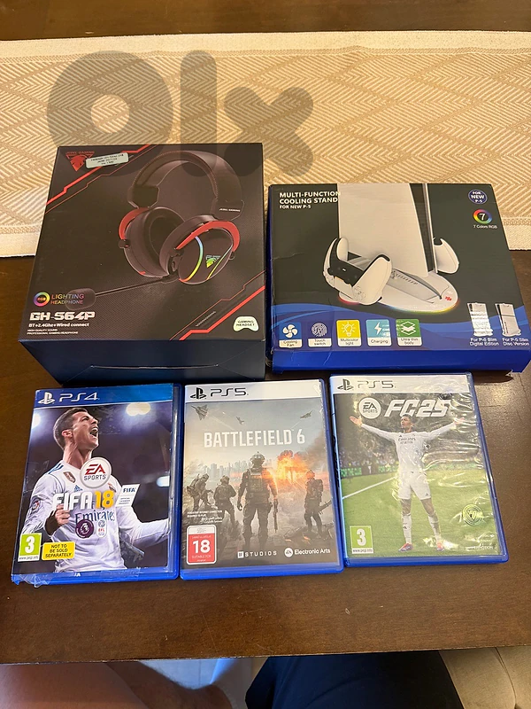 PS5 battlefield 6 + fc25 + fifa 18 + ps5 headphones + rgb ps5 stand