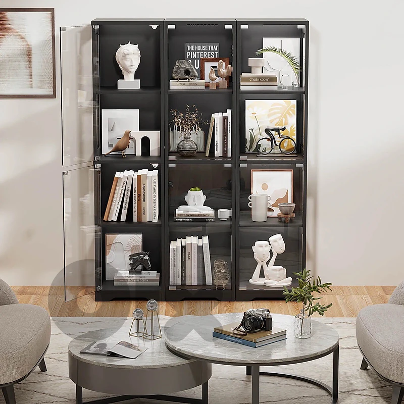 Slim black display cabinet with tri-color LEDs