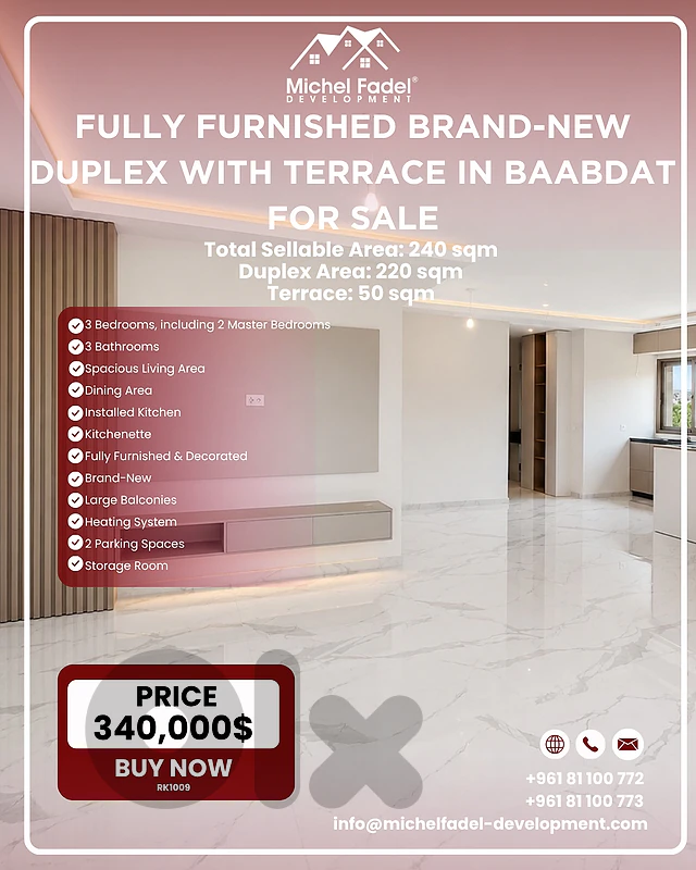RK1009-Fully Furnished  Duplex with Terrace for Sale in Baabdat