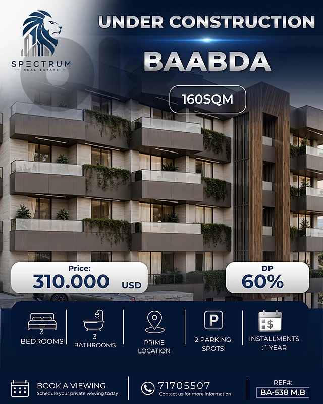 3 BEDS | UNDER CONSTRUCTION | BAABDA | 60% D.P | GARDEN, (BA-538) M.B 3 BEDS | UNDER CONSTRUCTION | BAABDA | 60% D.P | GARDEN, (BA-538) M.B