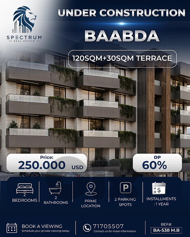 2 BEDS | UNDER CONSTRUCTION | BAABDA | 60% D.P | TERRACE, (BA-538) M.B