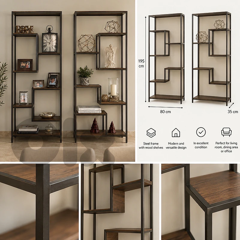 Pair of Modern Steel & Wood Shelving Units