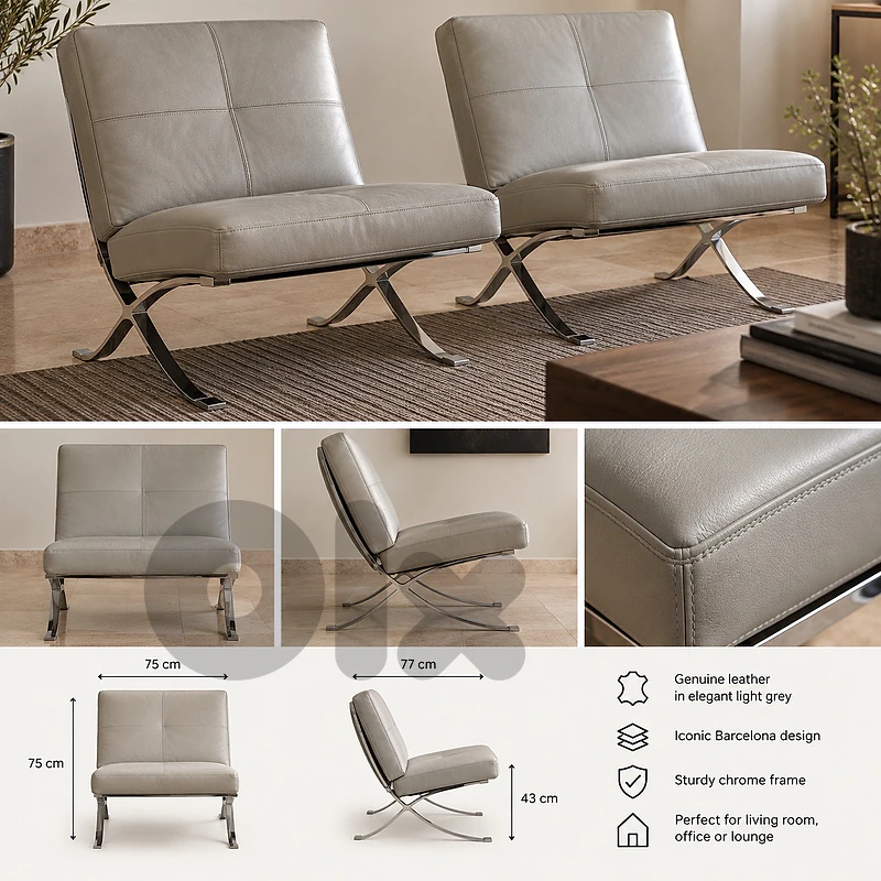 Pair of Barcelona-Style Leather Chairs – Chrome Frame