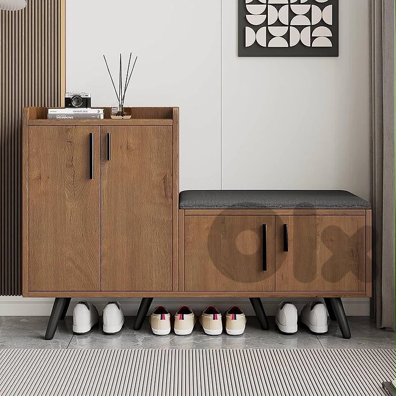 Modern shoe bench with wood grain finish