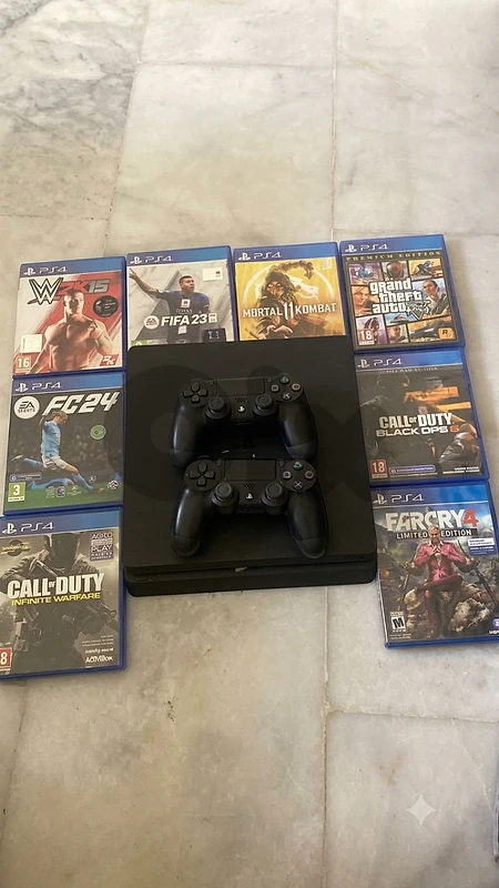 PS4 Slim 1TB + 8 Games (Black Ops 6 FC 24 GTA V)+ 2Controllers & Cable