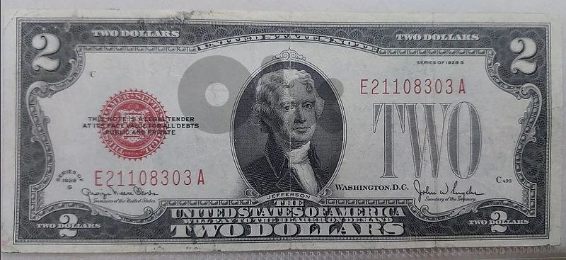 USA Two Dollars Red Seal Banknote year 1928 Memorial