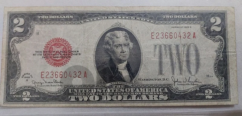 Red Seal USA  Two Dollar year 1928 Banknote of President Jefferson