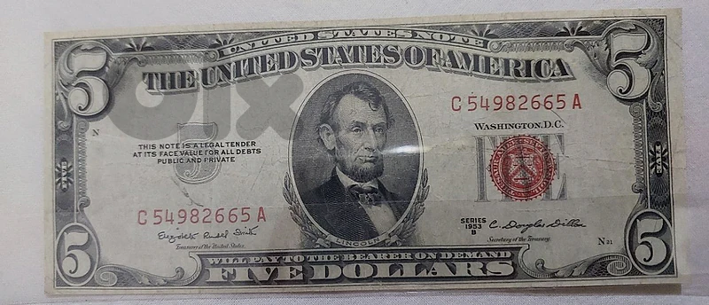 Five USA Dollars Red Seal Banknote Lincolin Memorial year 1953