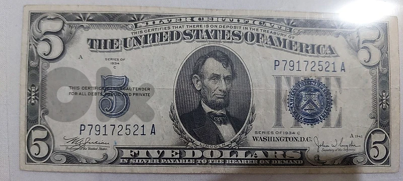 USA silver Banknote Five Dollars year 1934