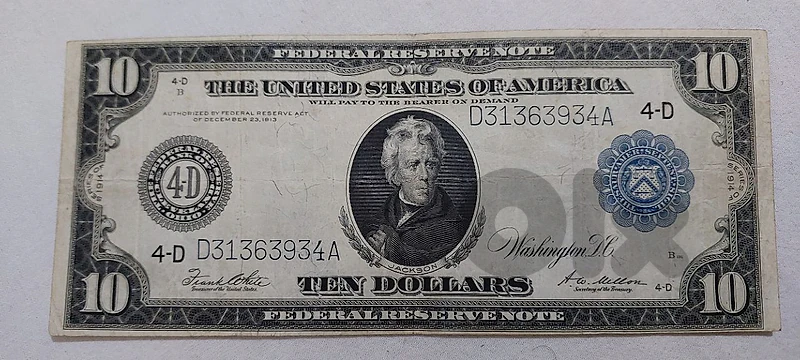 USA Large Ten Dollars Banknote 1st mint"president Jackson" 1914