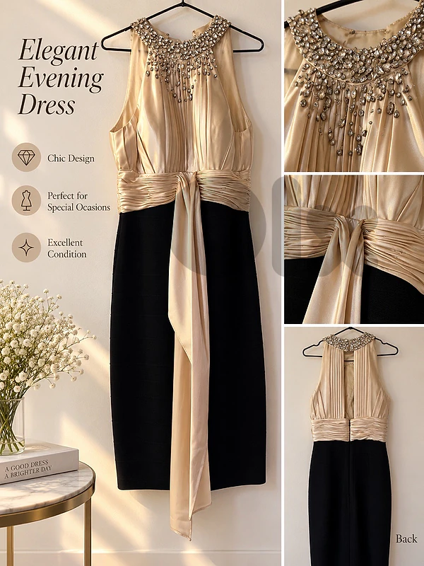 Elegant Champagne & Black Evening Dress – Size S